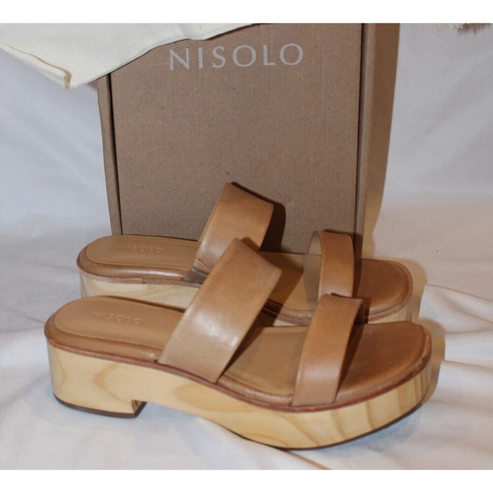 NISOLO Women's Ellie All Day Leather Platform Block Heel Wooden Shoes 8 Almond